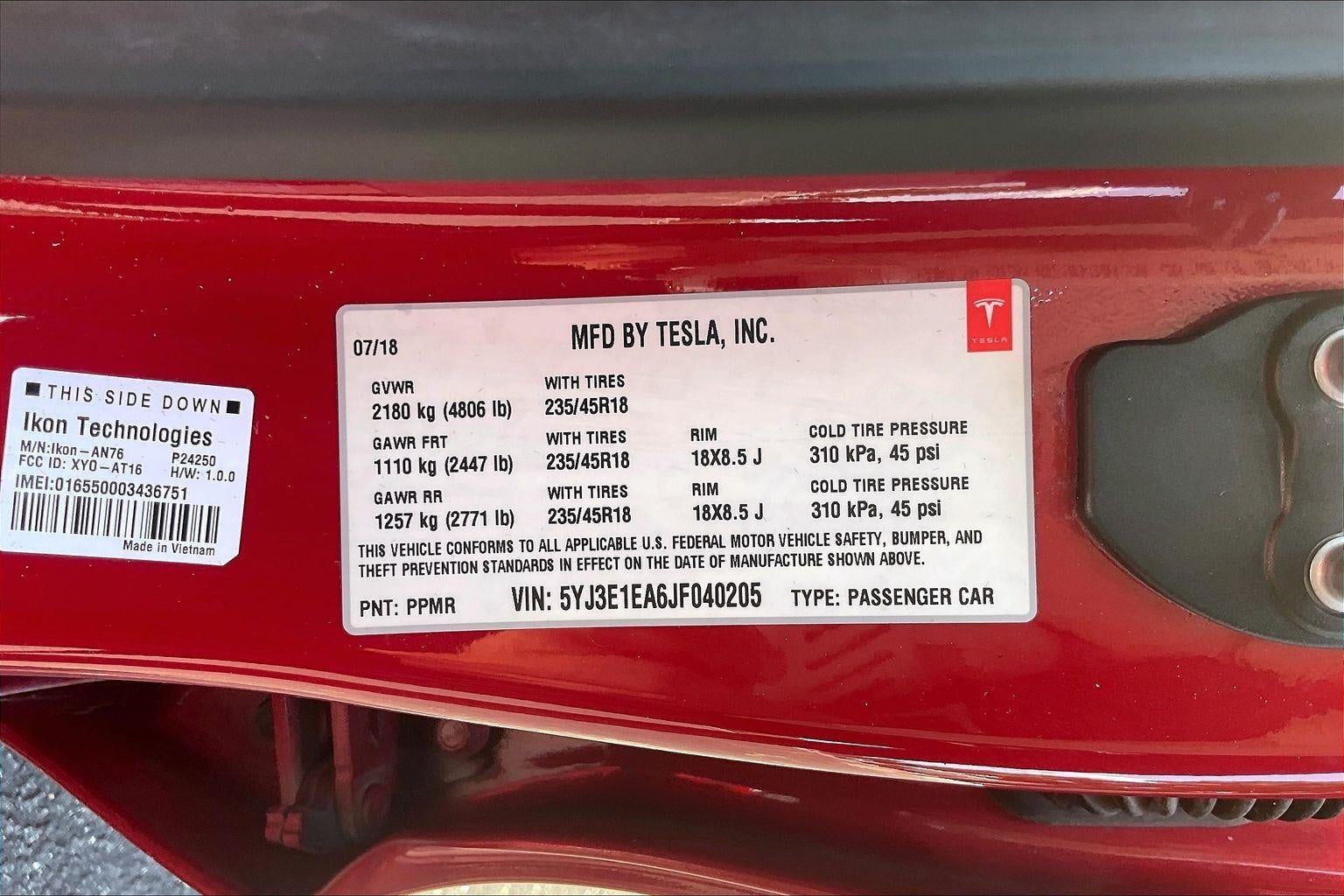 2018 Tesla Model 3 Long Range Battery